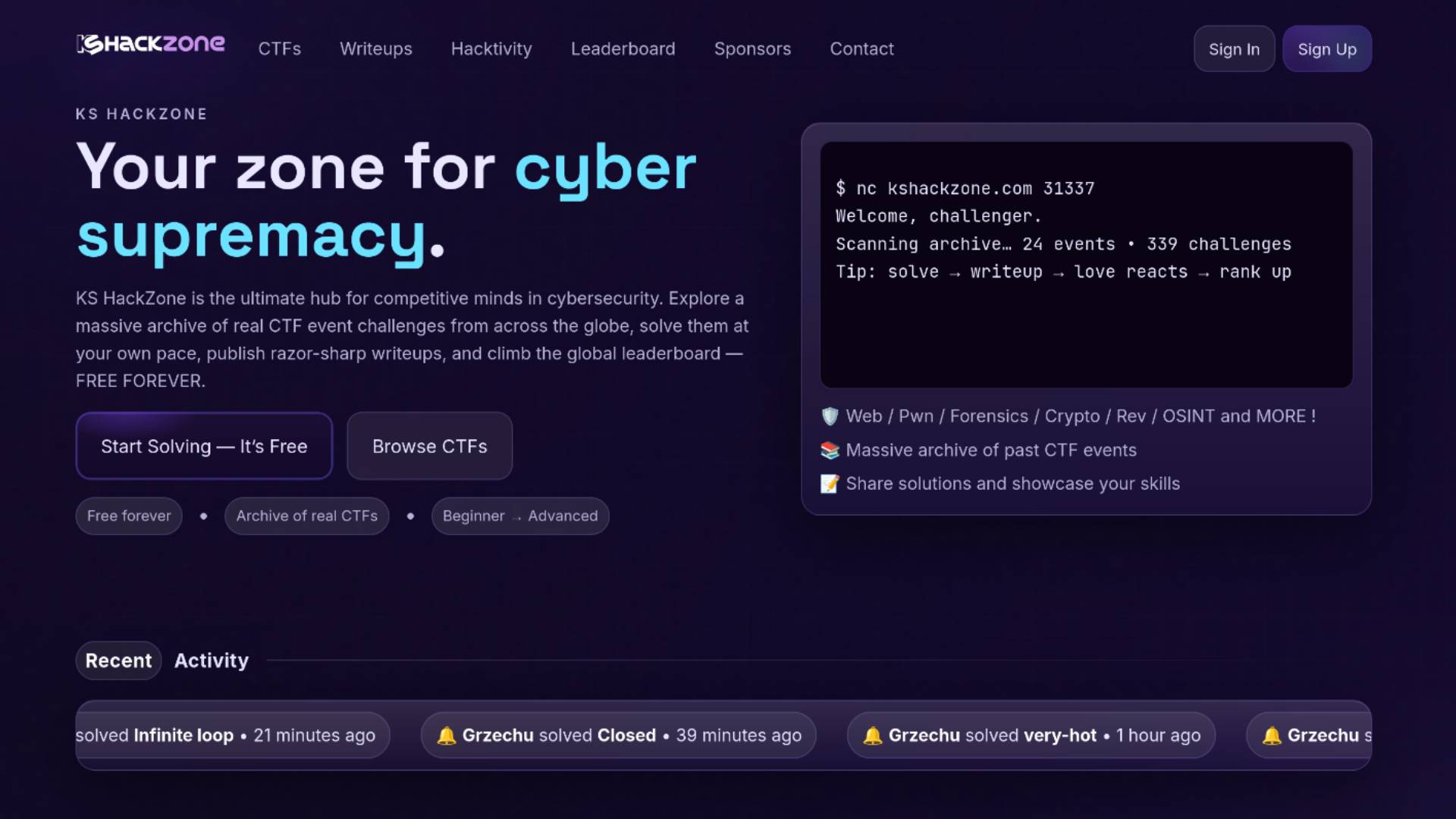 KS HackZone screenshot: challenge archive